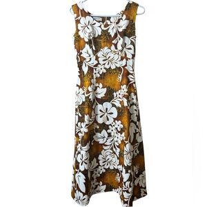 Vintage Hawaiian Floral Sleeveless Dress Brown White Small Made in Hawaii‎